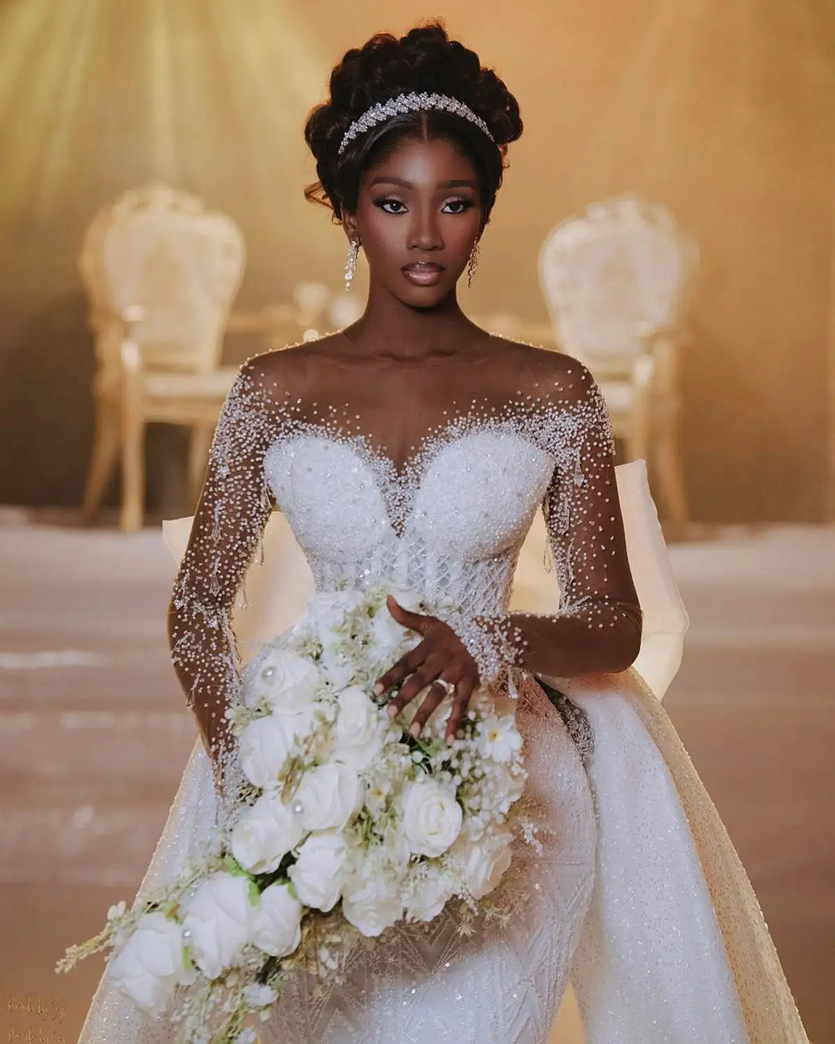 Robe de Mariée Sirène Classique à Paillettes Perlées, Col Rond, Manches sulf, en Tulle, avec Traîne de Balayage, sur Mesure