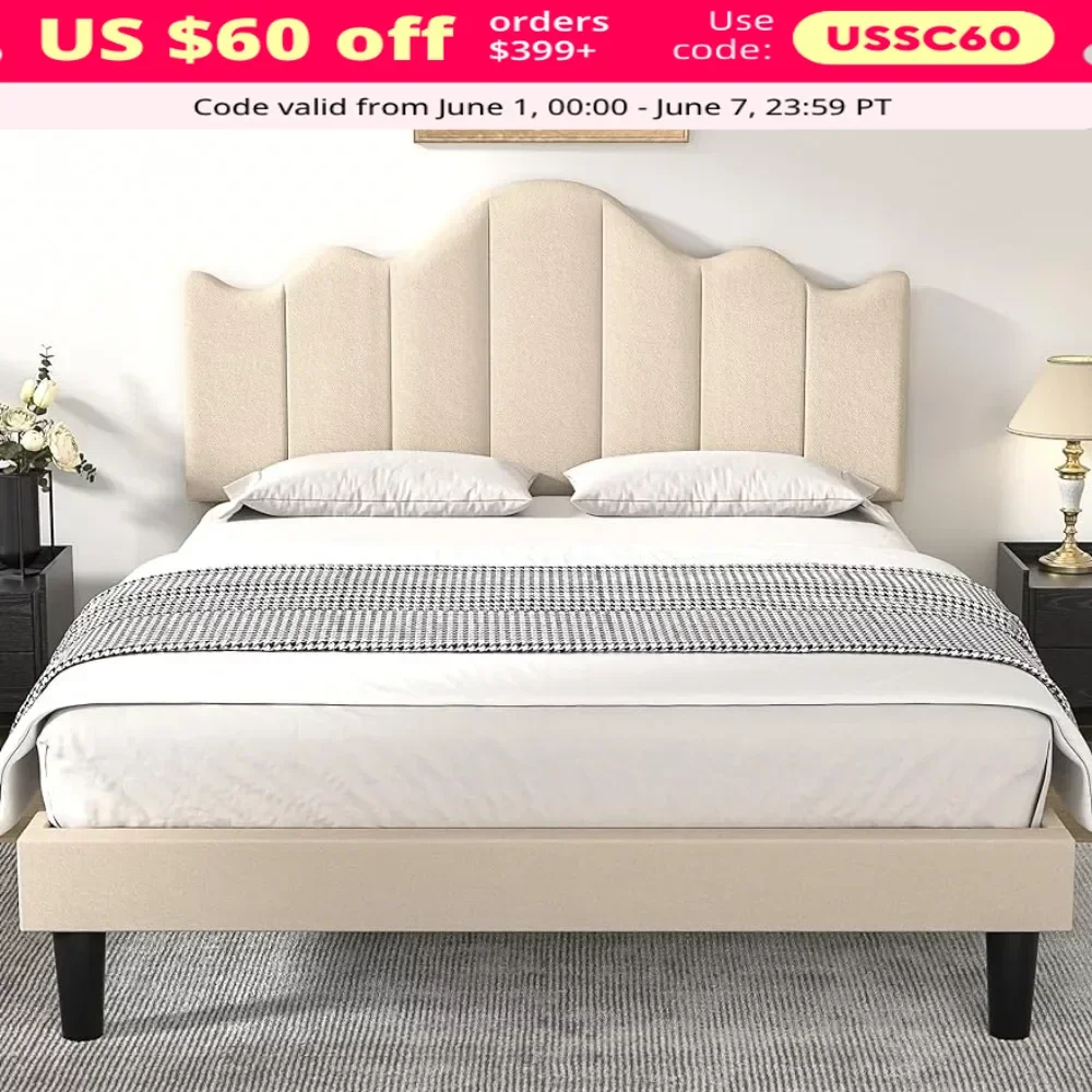 

Upholstered platform bed frame with adjustable headboard, plank support, noiseless, no box spring, easy assembly