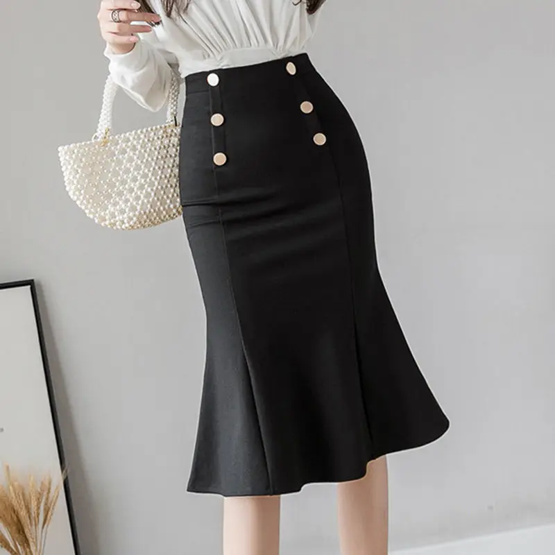 Korean Fashion Button Zipper Bag Hip Mermaid Skirt 2024 Summer New Elegant Office Lady Commute All-match High Waist Knee Skirts