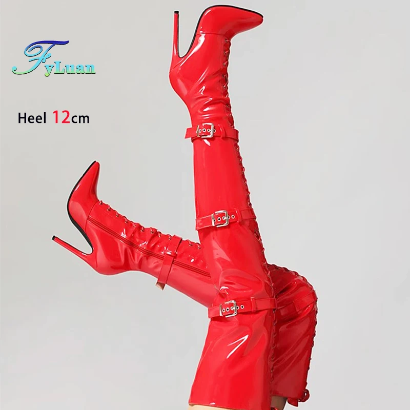 

Новинка 2025 года, гладиаторские сапоги выше колена с пряжкой на ремне, модные женские сапоги до бедра 12 см, черные туфли из искусственной кожи с острым носком на тонком каблуке