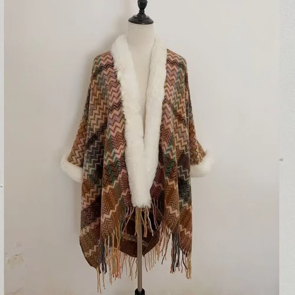 

Winter Warm Faux Fur Collar Shawl Ethnic Style Artificial Wool Mongolian Poncho Striped Knitted Cape for Autumn Winter