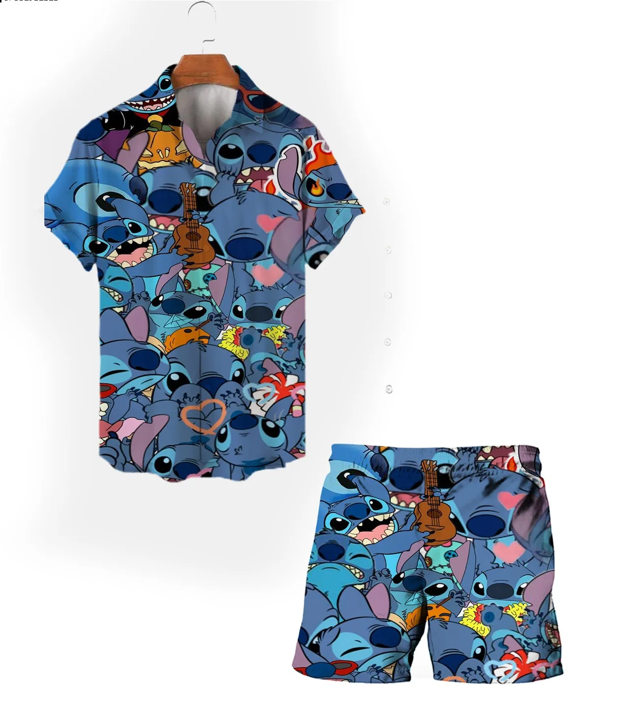 Mickey and Minnie Cartoon Suit Summer New Casual 2024 Men\'s Lapel Single Breasted Short Sleeve Top Drawstring Shorts y2k
