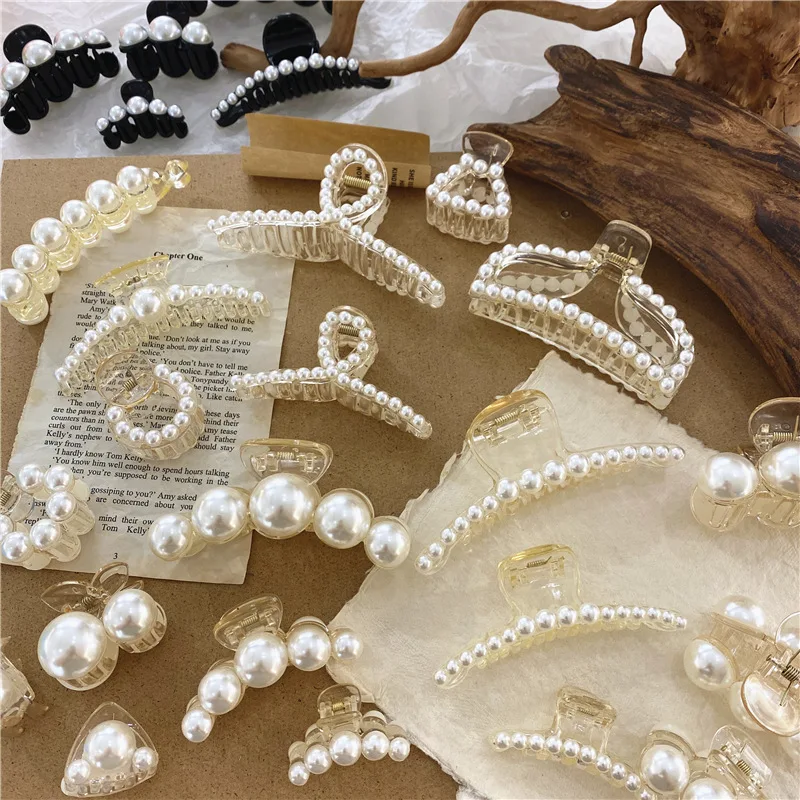 Faux Pearl Clear Geometric Shark Hair Claw for Women Tweed Style Back of Head Bun Clip Daily Non Slip Lightweight