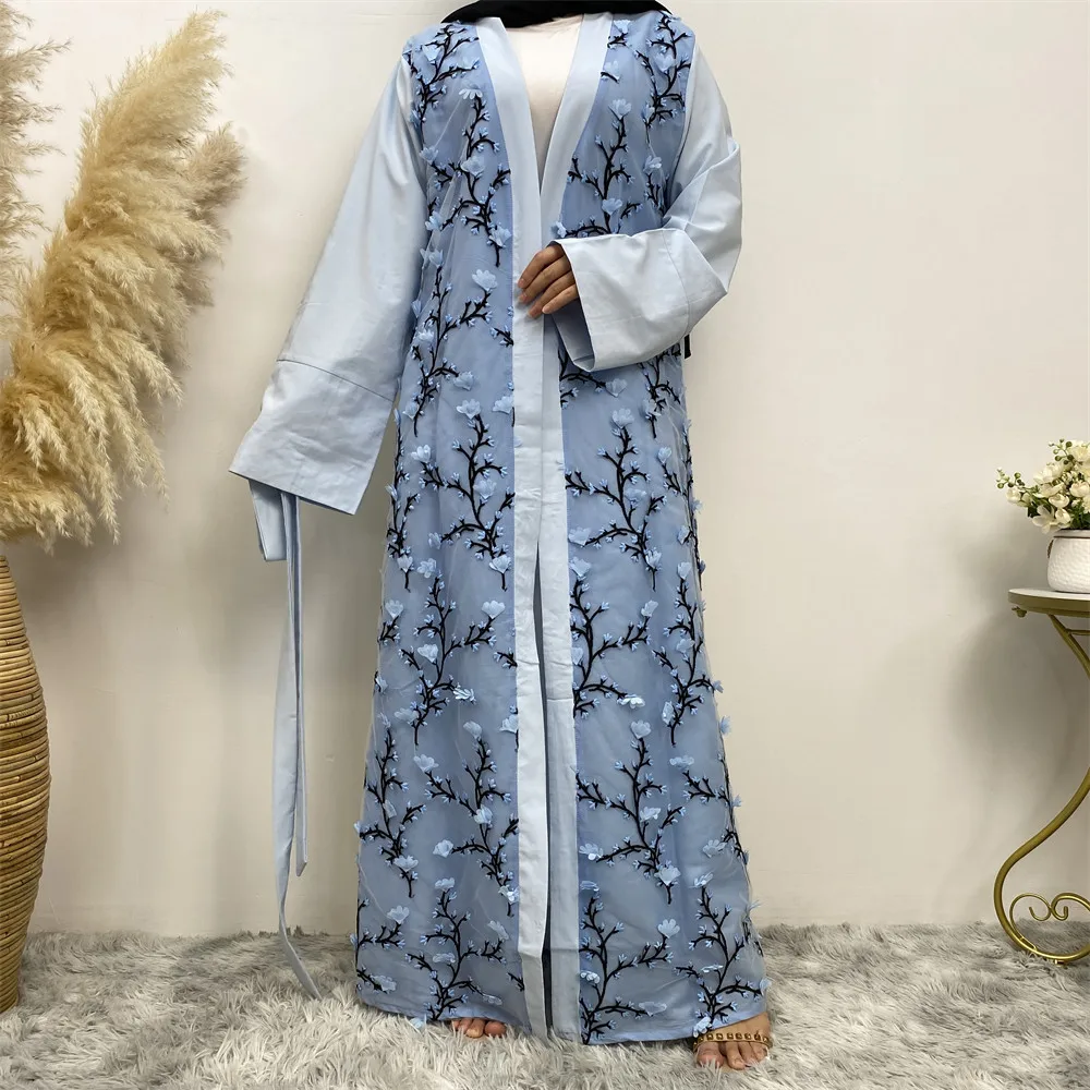 Flower Open Abaya Dubai Turkey Kaftan Women Muslim Embroidery Maxi Dress Eid Fashion Jalabiya Islamic Robe Ramadan Caftan Kimono