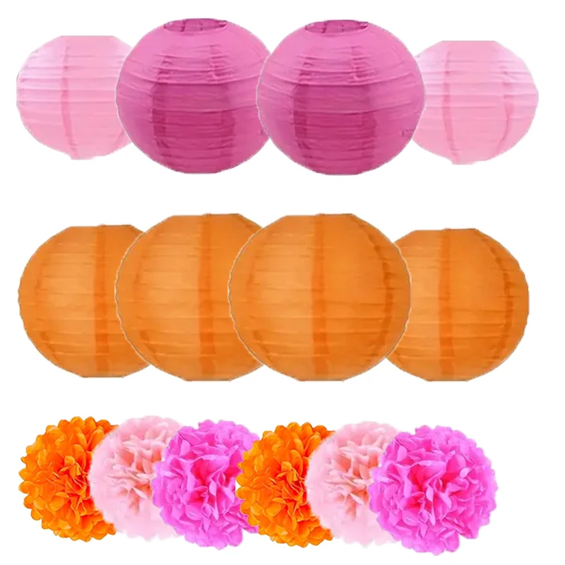 Ensemble de 14 lanternes en papier d'automne avec pompons en tissu, lanternes en papier rondes, pour mariage, anniversaire, maison, salle de classe, décoration de fête, Thanksgiving, automne,