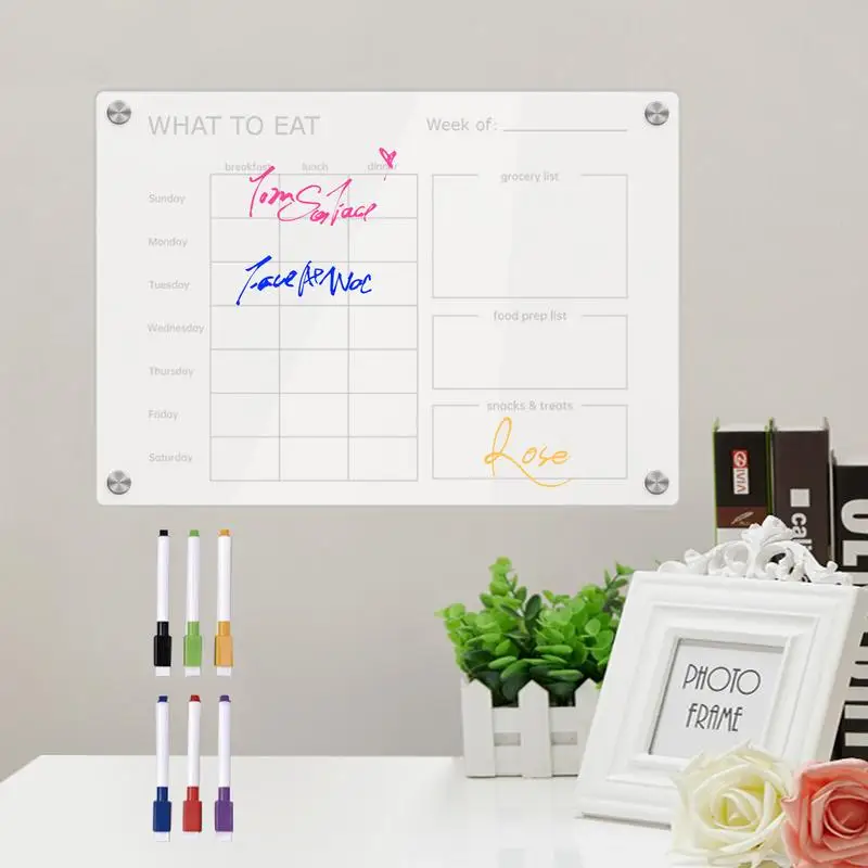 Meal Planner Magnetic Clear Acrylic Meal Planning Notepad 6 Colorful Pens Erasable Fridge Notepad With Magnet Grocery List Pads