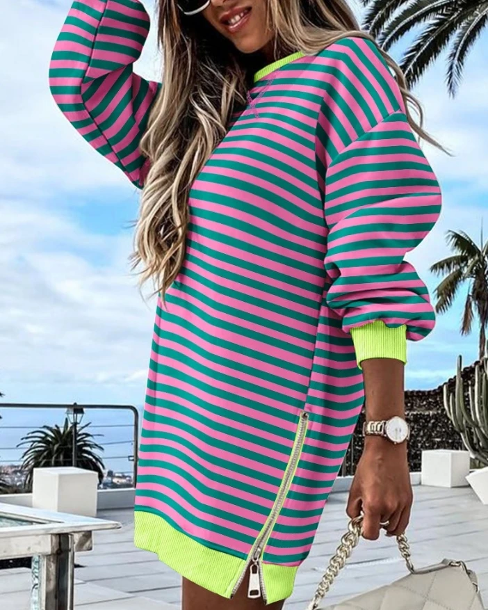 

Spring New Women's Striped Color Blocked Long Sleeved Round Neck Side Zipper Design Straight Tube Sports Dress In Stock