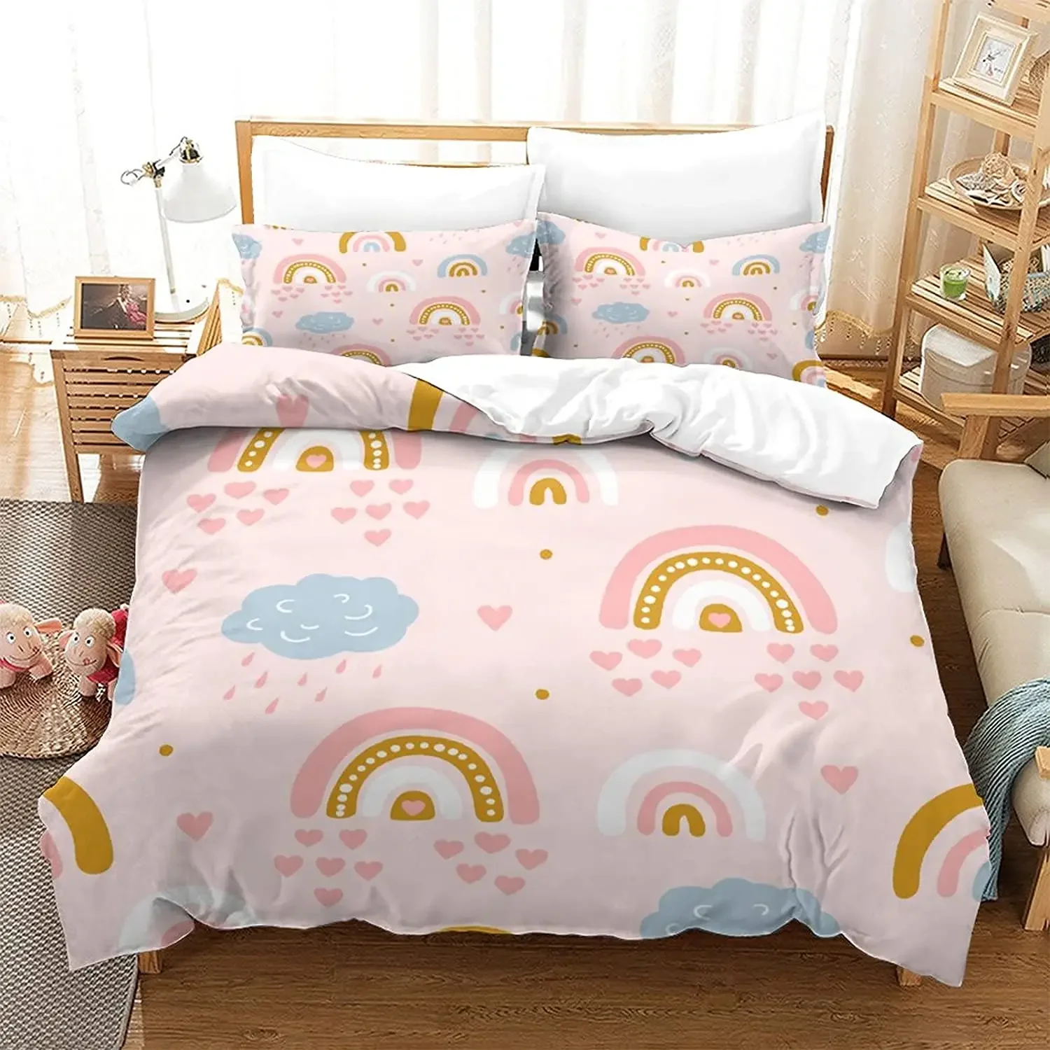 

Rainbow Twin Duvet Cover Set for Girl Pink and Yellow Rainbow Star Duvet Cover Cartoon Rainbow for Bedroom Decoration Women Kid