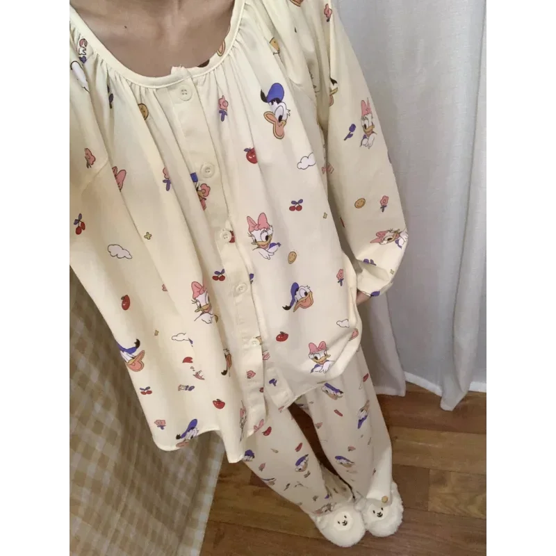 Disney Donald Duck Silk Pajamas Female Cute Cartoon Ice Silk Comfortable Pure Cotton Breathable Loose Home Women\'s Pajamas Set