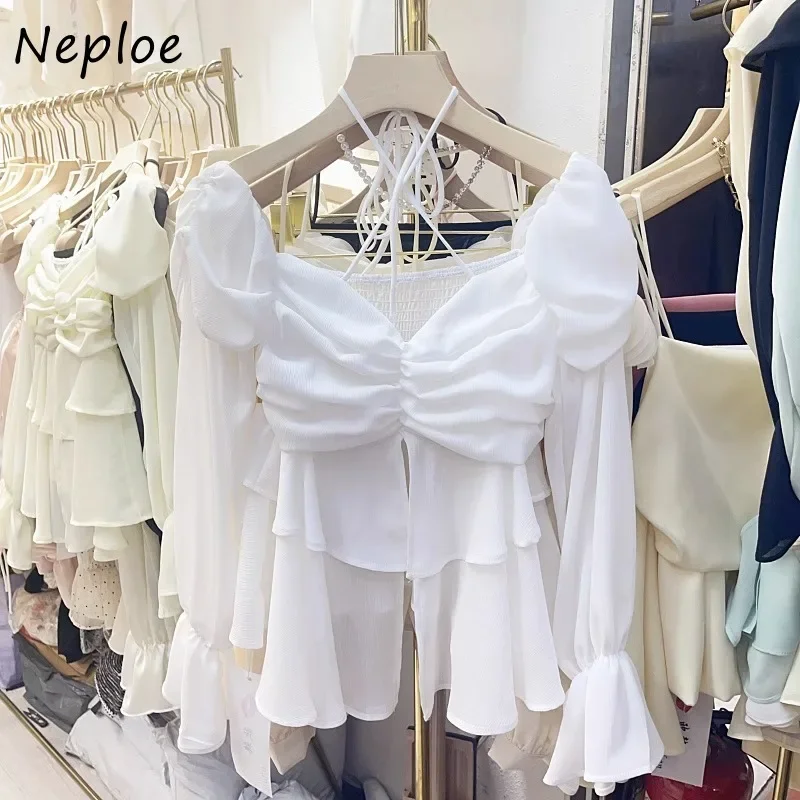 Neploe 2024 Autumn Sexy Off Shoulder Blouses Sweet Halter Chiffon Shirts Women Y2k E-Girl Flare Sleeve Loose Blusa Mujer