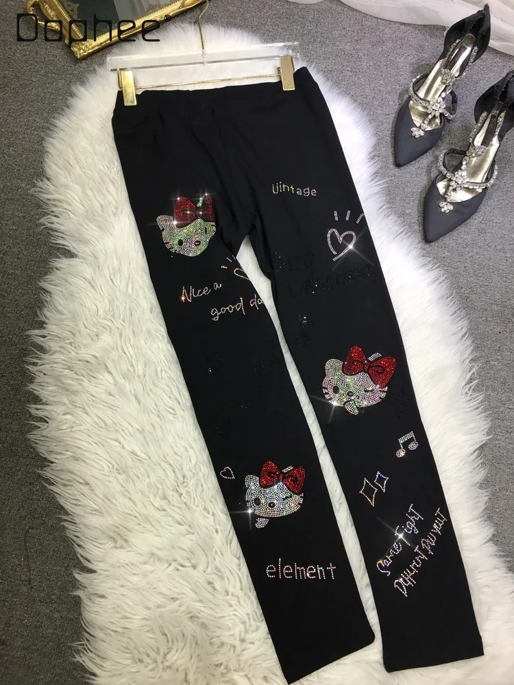 Heavy Industry Hot Diamond Leggings Women Cute Cat Black Medium and High Waist Thin High Elastic Cartoon Pants Autumn and Winter