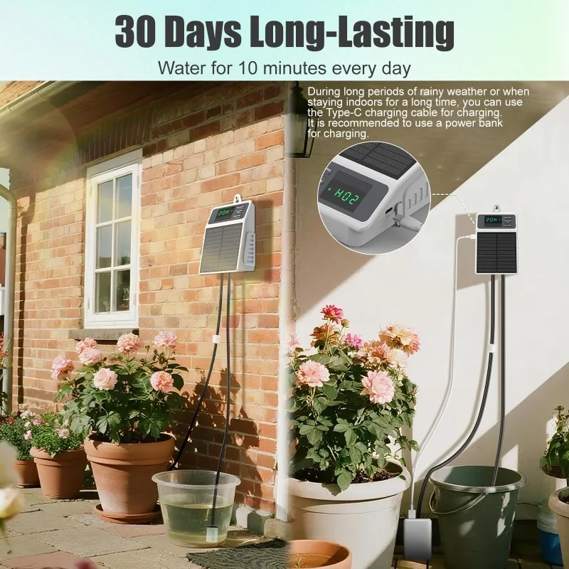 A96K-Outdoor Garden Solar Automatic Drip Irrigation Kit Timer Modes Smart Watering System For Vacation& Busy Plant Lover