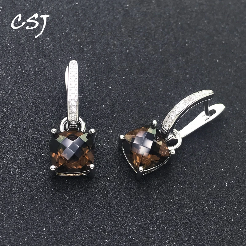 

CSJ Trendy Natural Smoky Quartz Earring 925 Sterling Silver Gemstone Cushion 8mm for Women Party Birthday Christmas Jewelry Gift