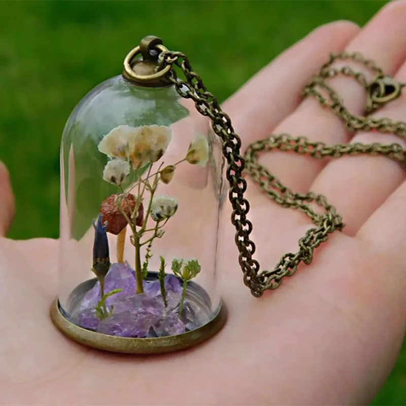 Glass terrarium mushroom necklace rawamethyst wildflowers elven jewelry elvish cottagecore pendant fairycore plant lovers gift