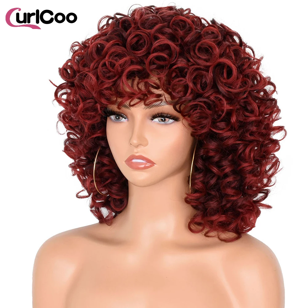 Short Afro kinky Curly Wig With Bangs Synthetic Cosplay Fluffy Natural Wigs For Black Women Brown Purple Daily Use Hairs