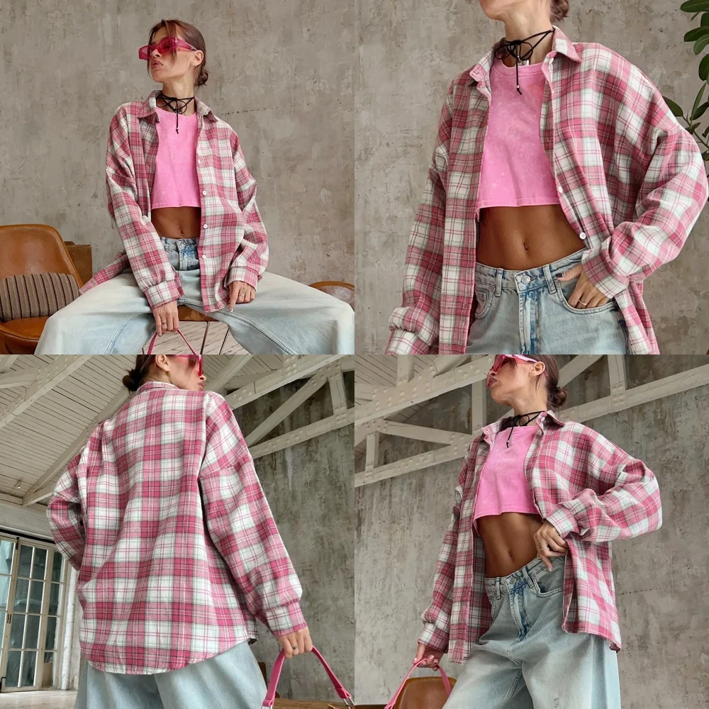 

Women Vintage Long Sleeve Shirt Oversized Plaid Shirt Autumn Winter Fashion Loose Lapel Pocket Shirt Fit Blouse Korean Style