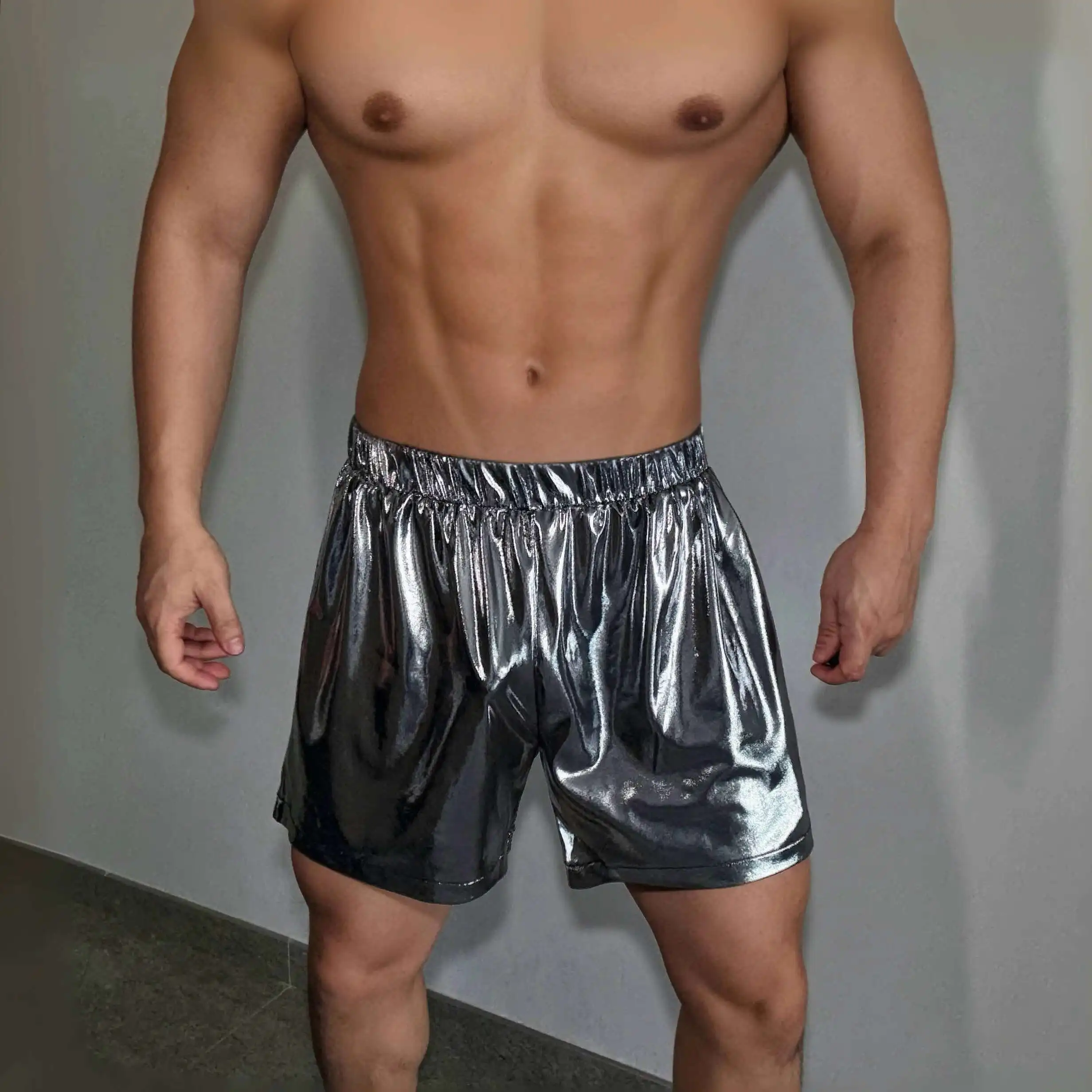 Y2K Summer glossy silver loose shorts Vintage men casual party club dance bottoms