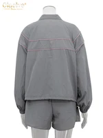 Clacive Fashion Loose Gray 2 Piece Sets Women Outfit 2024 Elegant Long Sleeve Shirt With High Waist Shorts Set Female Streetwear - Image 6