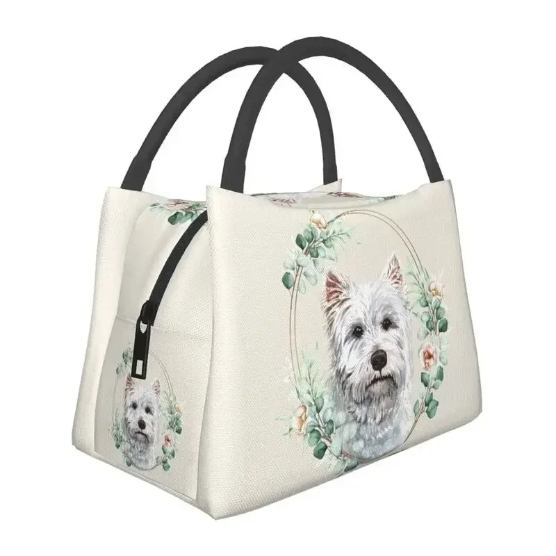 Highland White Dog Perforated in Yellow Flowers, Round, Insulated, Western style Lunch Bag, Pet, Portable Cooler, Bento