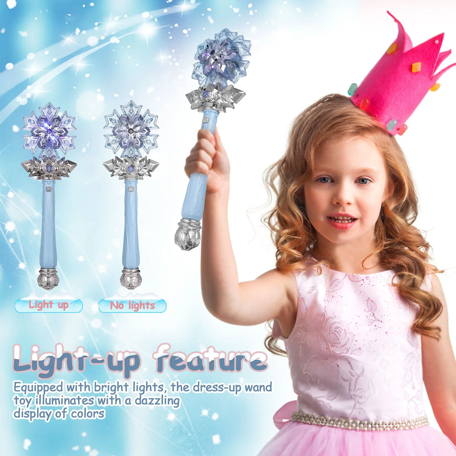 عصا ندفة الثلج للأطفال، عصا أميرة مضيئة مع موسيقى ورذاذ، أداة تنكرية، عصا سحرية مضيئة للأطفال