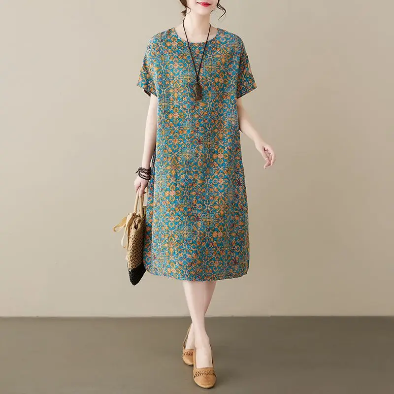 Camisón de lino y algodón para mujer, estampado geométrico, manga corta, holgado, informal, vestido de verano