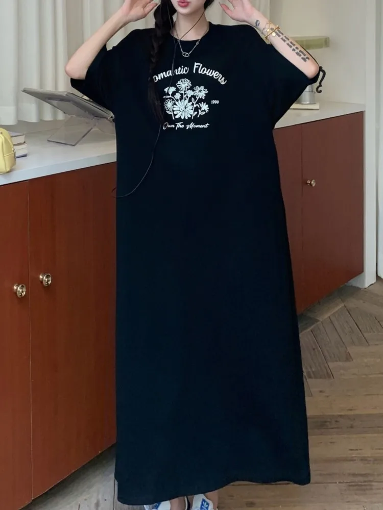 Mozigda Summer Loose Print T Shirt Dress Donna Elegante Vintage Nero Coreano Abito da donna Abiti