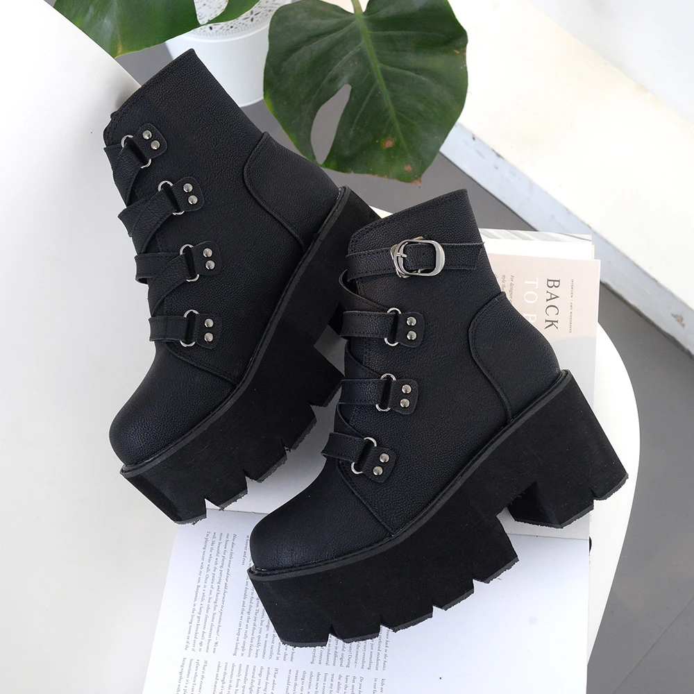 Gdgydh Women's Black Platform Boots Comfy Round Toe Buckle Strap Solid Color Chunky Heels Mid Calf Boots Gothic Style