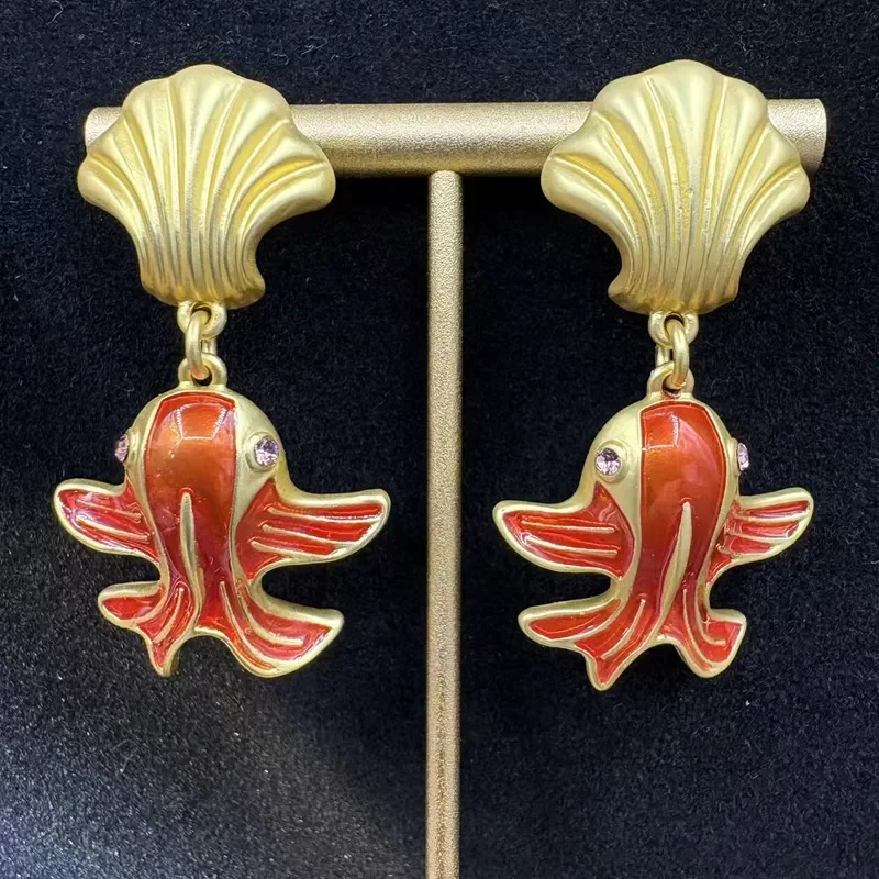 Medieval vintage koi earrings Chinese style fashion temperament earrings Medieval style red carp earrings women