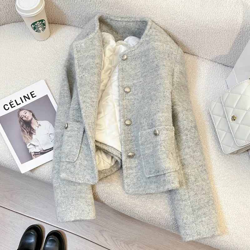 

Light Gray Cotton-lined Fragrance Short Coat Women's Autumn Winter Warm Fashionable Pink Long-sleeve Woolen Lady Coat