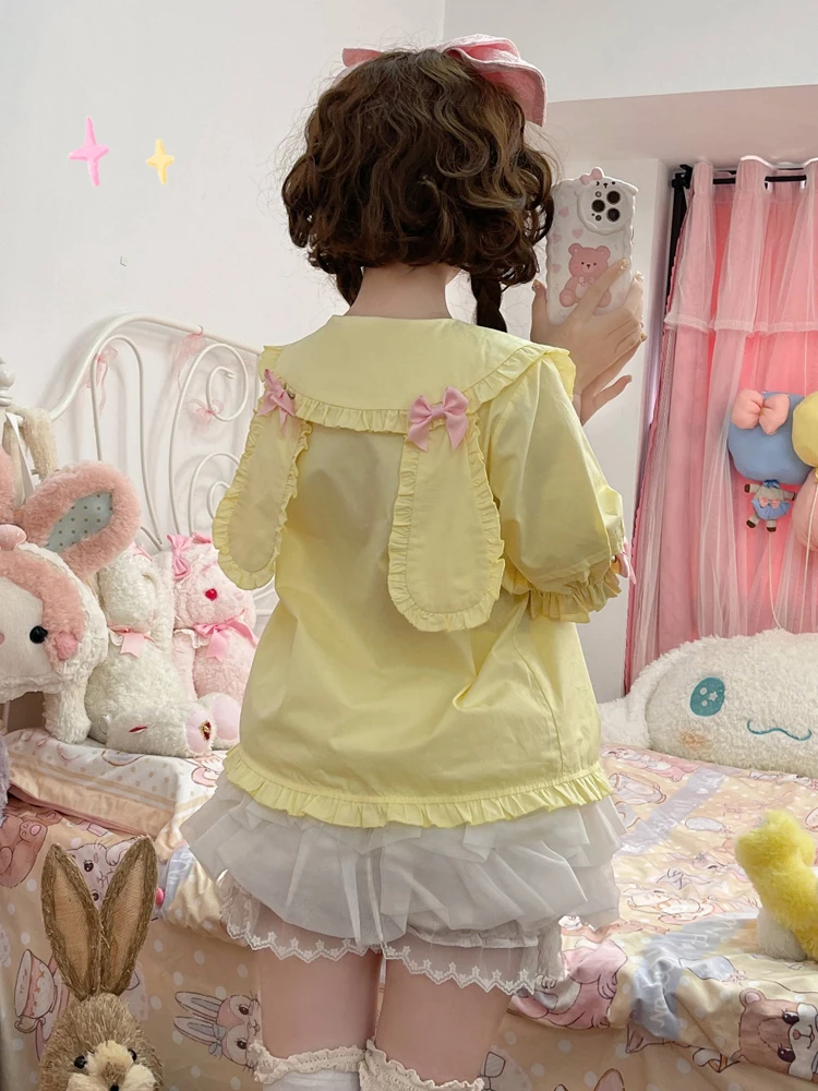 KIMOKOKM Japanese Sweet Pullover Shirt Peter Pan Collar Rabbit Ear Ruffled Kawaii Bow Puff Sleeve Basic Lolita Blouses Shirt