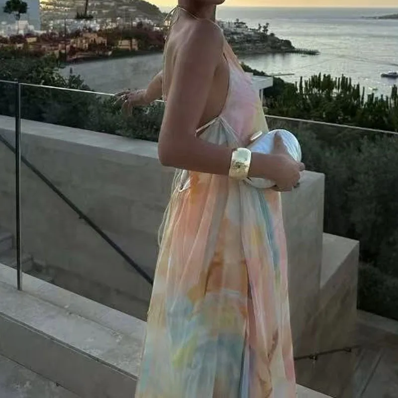 مثير بلا أكمام عارية الذراعين الدانتيل متابعة فستان طويل المرأة أنيقة الرسن جوفاء فستان مناسبات موضة نمط طباعة فساتين الحفلات فضفاضة