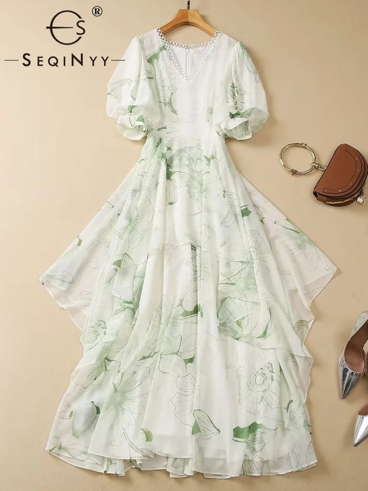 SEQINYY Casual Long Dress Summer Spring New Fashion Design Women Runway High Street Vintage Green Flowers Print A-Line Ruffles