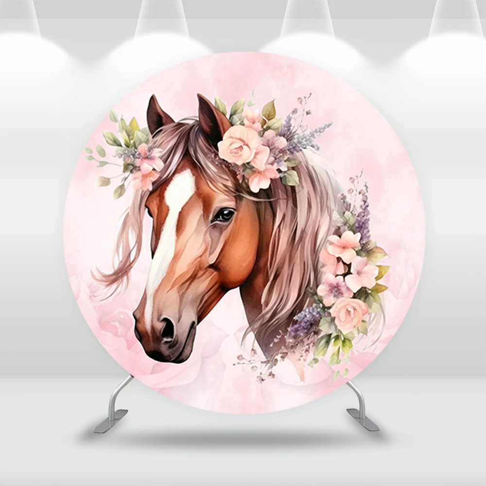 Western Cowgirl Round Backdrop Cover Flowers Pink Horse Baby Shower Birthday Circle Background Banner Plinth Covers