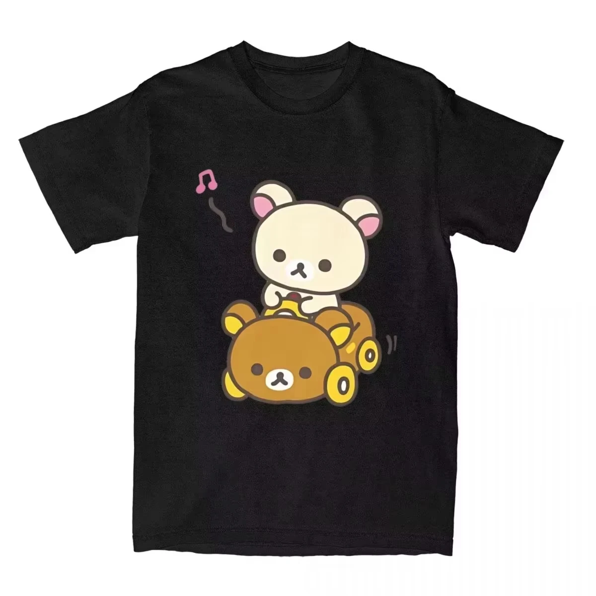 Summer Rilakkuma Korilakkuma Drive Bear Car Music Note Cartoon Front Graphic White Oversized T-Shirt Unisex Anime Cotton Tee