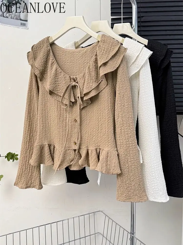

OCEANLOVE Ruffles Blouses Spring Autumn Lace Up Solid Elegant Women Shirts Korean Fashion Vintage Long Sleeve Blusas Mujer
