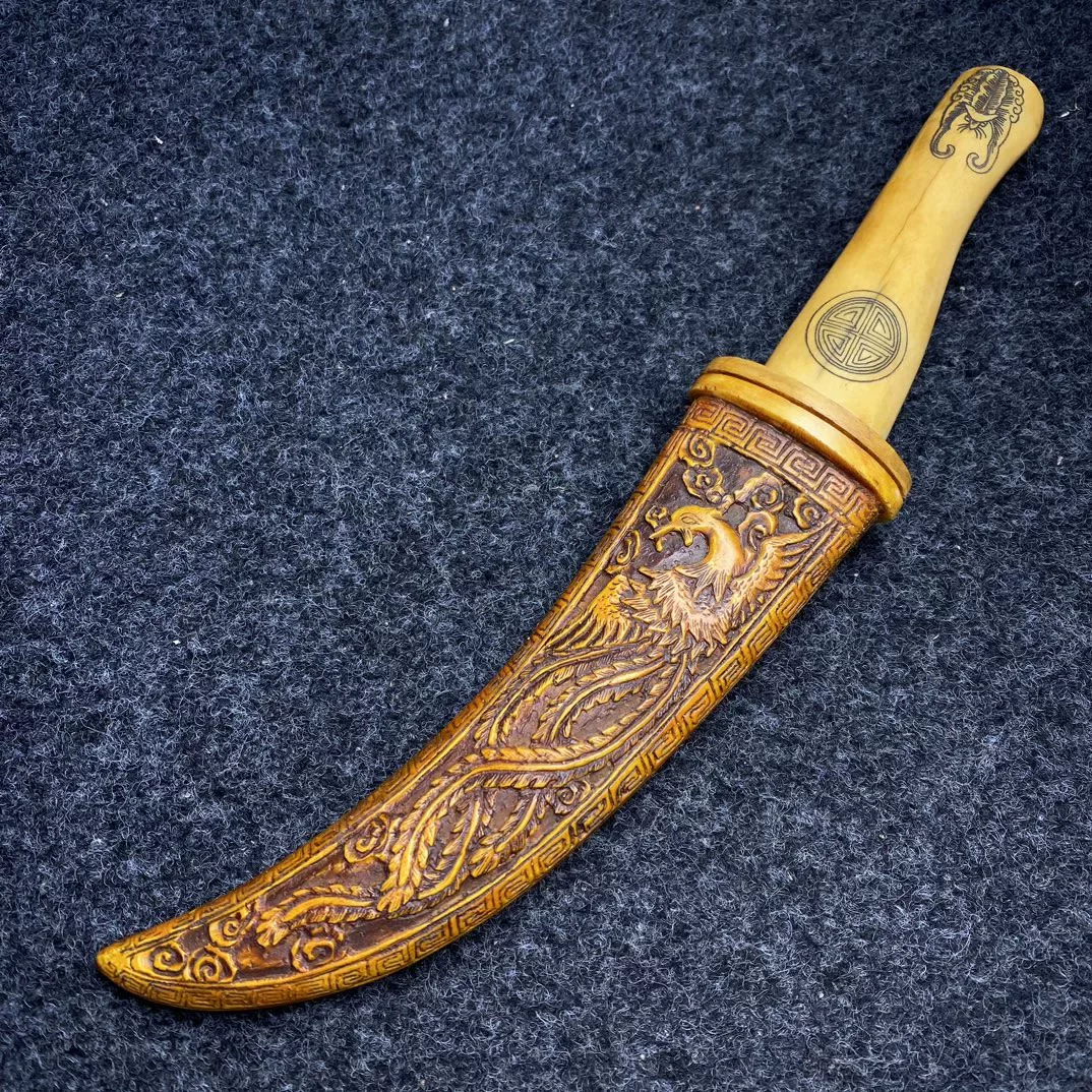 Rare Ancient Chinese Hand Carved Buffalo Bone Knife Dragon and Phoenix