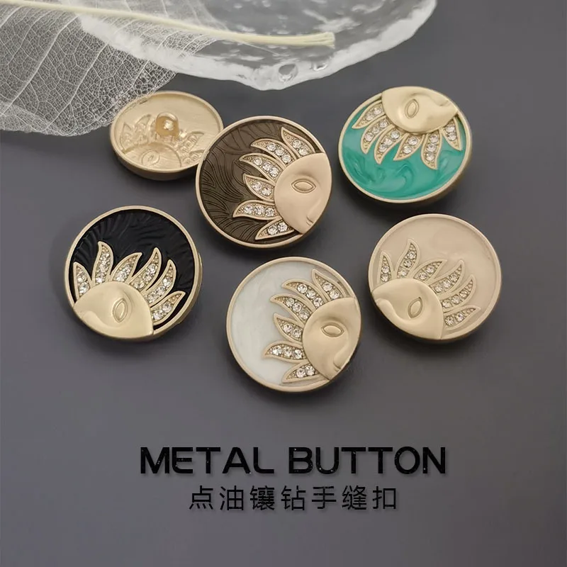6 قطع من أزرار نمط الشمس الزيتية DIY زر ملون من الماس عرقوب، زر حياكة معدني مخيط يدويًا