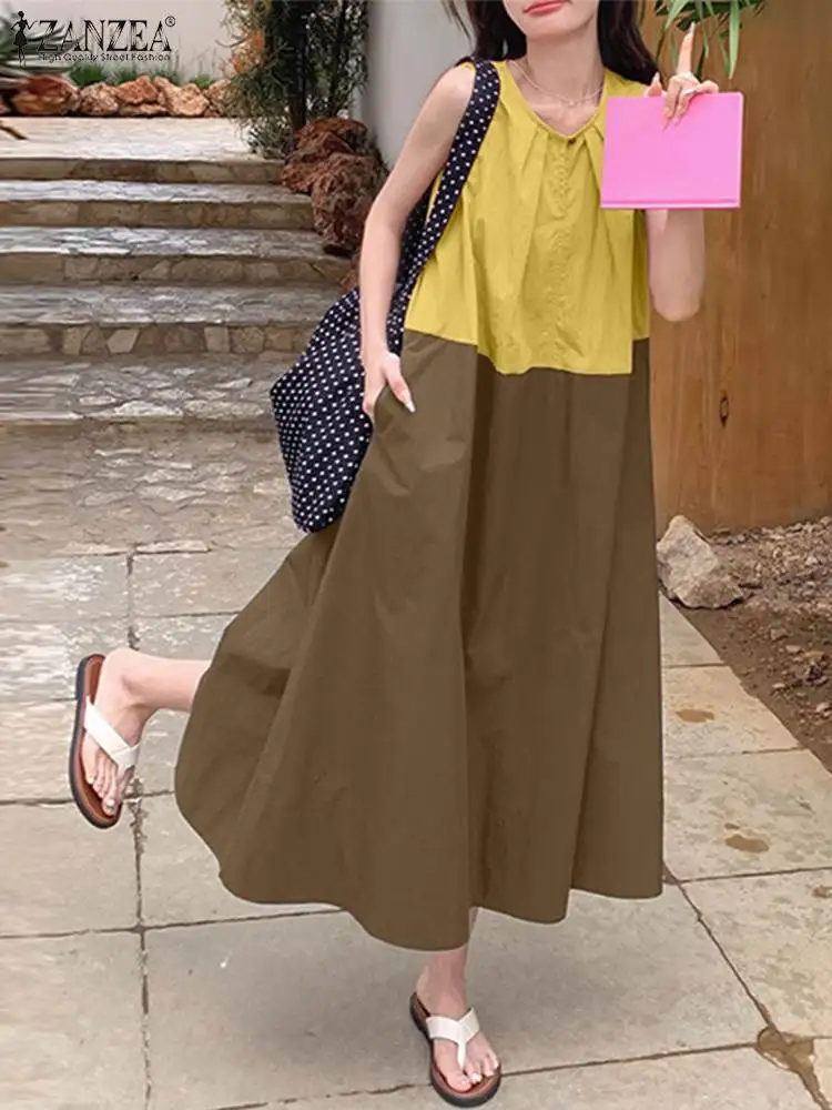 

ZANZEA Oversize Summer Vintage Women Holiday Loose Casual Dress Robe Femme Fashion Midi Vestido Sleeveless Patchwork Sundress