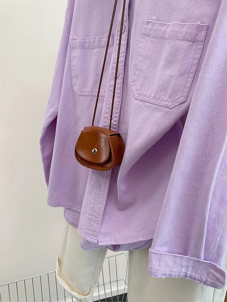 Purple Denim Shirt Coat Women 2024 Autumn New Design Sense Niche Solid Color Shirt Fashion Versatile Loose Jacket