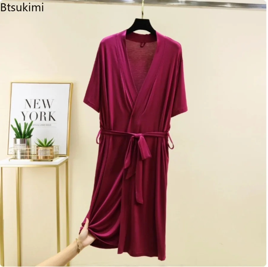 Soft Modal Robes for Women Summer Thin Short Sleeve Loose Bathrobes Solid Lace Up Nightgown Home Service Hotel Bath Robes Women