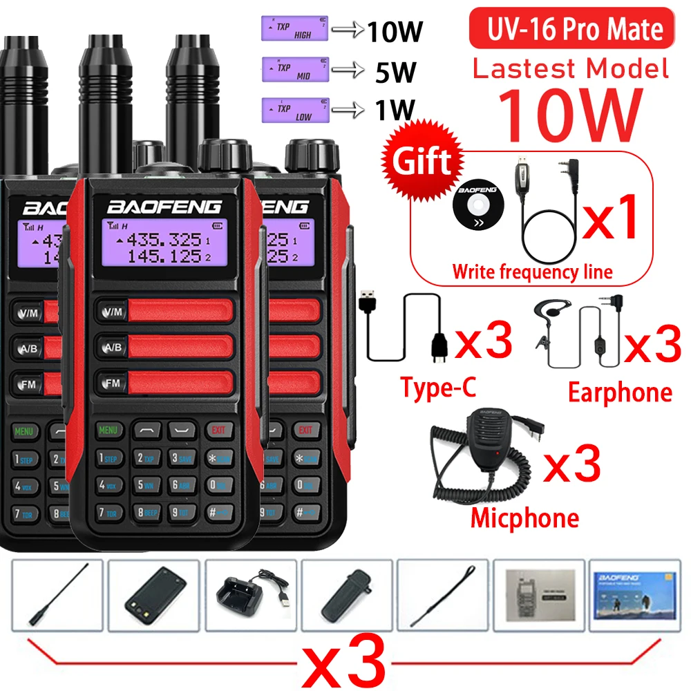 BaoFeng-walkie-talkie UV-16 Pro Mate, antena de potencia, cargador tipo C de largo alcance, resistente al agua, transceptor UV16 pro V2, Radio Ham TwoWay