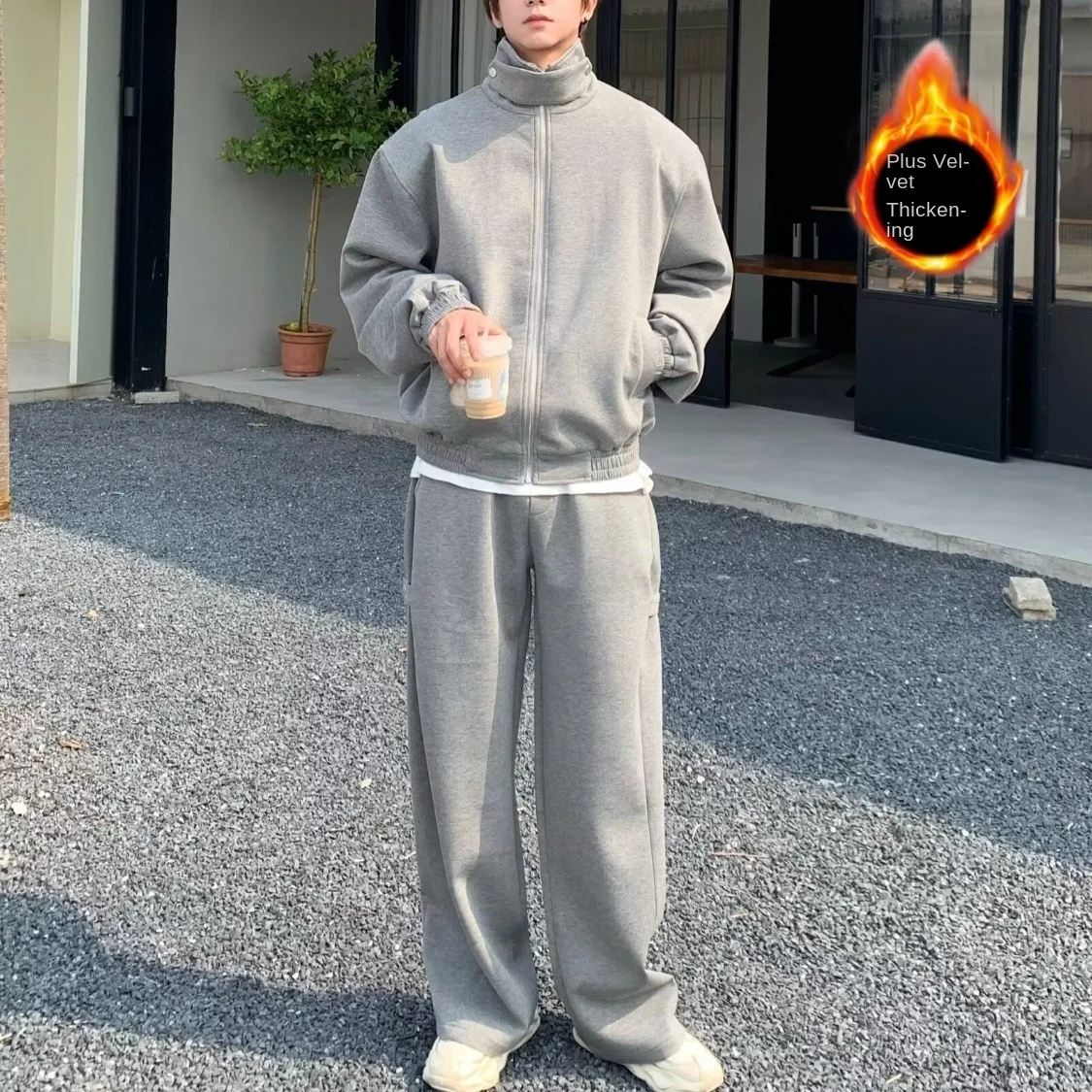 

Американский ретро уличный однотонный повседневный спортивный костюм с воротником-стойкой, мужская модная брендовая куртка, широкие брюки длиной до пола