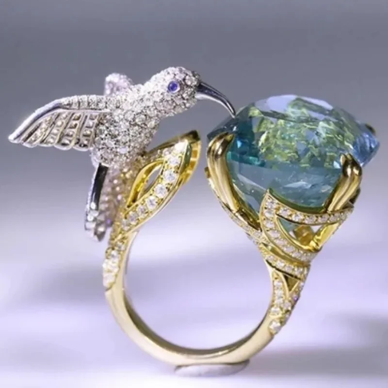 Exquisiter Vogel-Ring mit blauem Stein, glänzendem Zirkonia, verstellbar, für Damen, Party, Mode, Accessoire, Trendschmuck