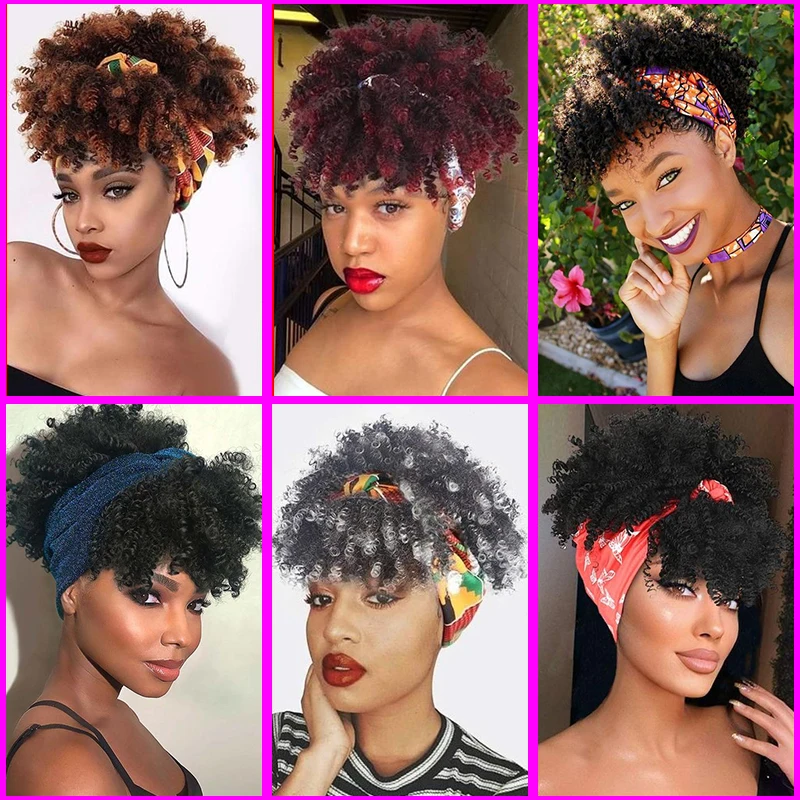 Synthetic Hair Afro Kinky Curly Wig Ombre Color Curly Headband Wig with Bangs Short Fluffy Curls Head Wrap Wigs for Black Women