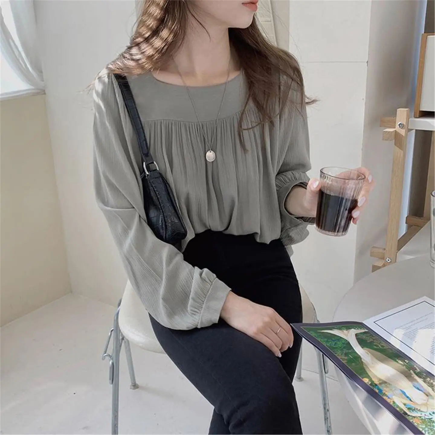 

Свободный крой Long Sve женский irt весна осень новый Sle Brandl Commute Sle круглый топ Ne Pure Color Silk Design