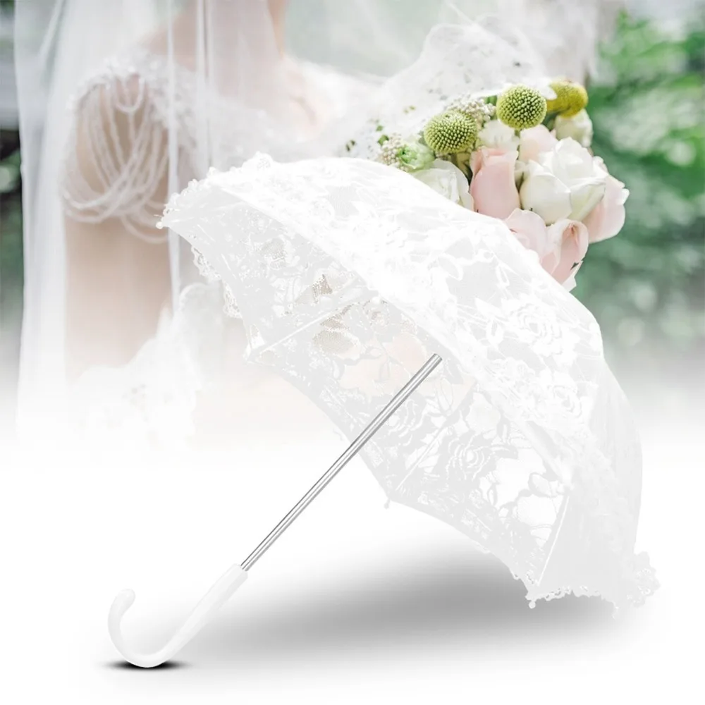 Elegant Lace Bridal Parasol J Shaped Handle Hollowed Out Lace Floral Umbrella Floral Pattern Lolita Umbrella Wedding Decoration