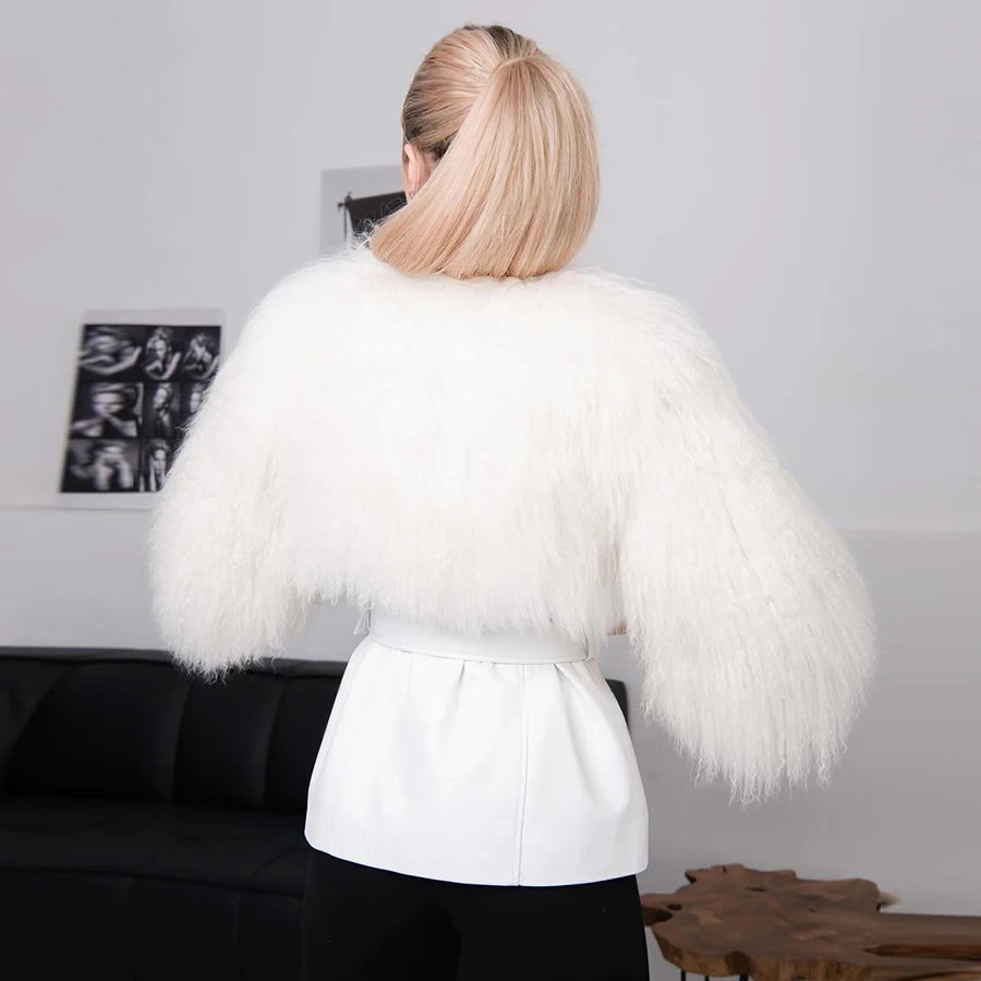 معطف نسائي قصير من جلد الغنم بدون ياقة معطف فرو خروف تبتي أبيض من الصوف الطبيعي سترة منفوخة على الموضة الأكثر مبيعًا