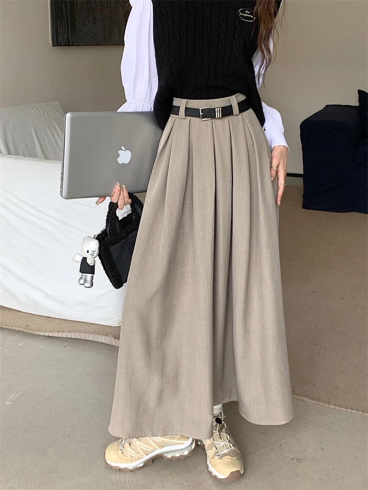 2026 New Korean Skirt Women Solid Color Versatile Mid-length Pleated Skirt Large Swing Type Skirt Female Long Skirts for Women