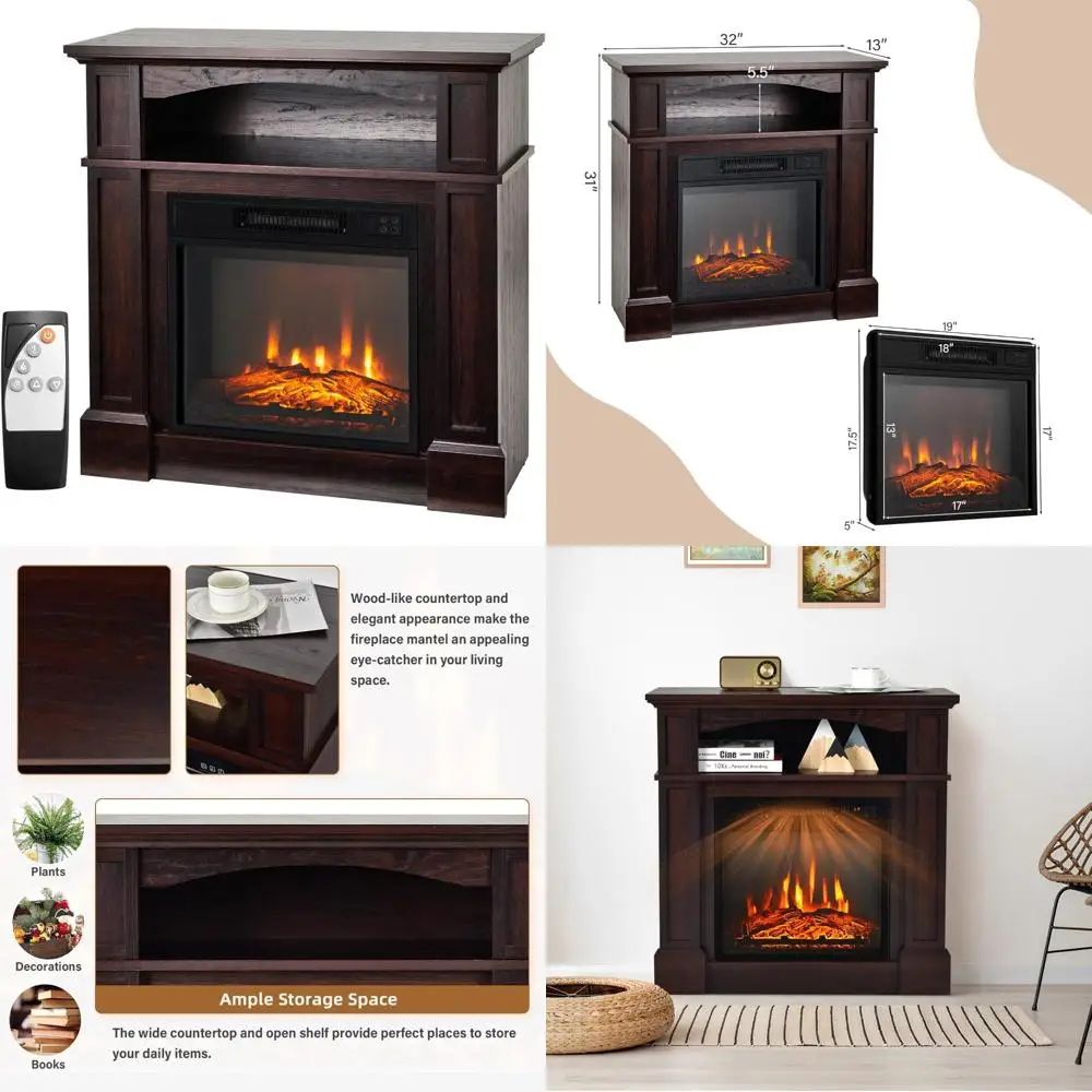 

32-inch Freestanding Electric Fireplace with Mantel, 1400W Adjustable Heater, Remote Control, Thermostat, 6H Timer