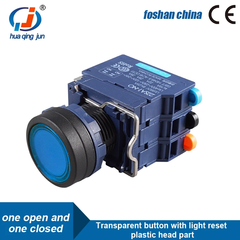 Huaqingjun Transparent Button with Led Reset Plastic Head NO NC Push Button Switch for Contactor